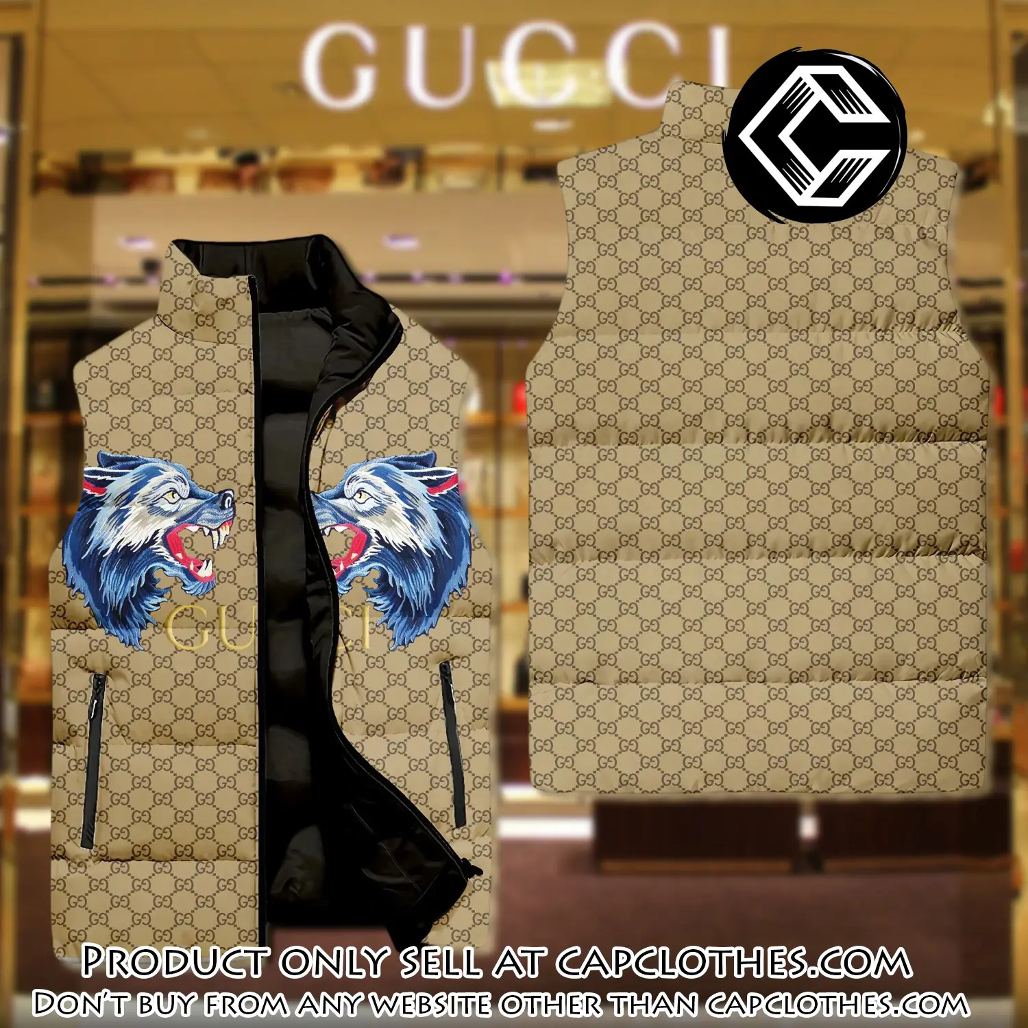 Gucci wolf yellow monogram luxury brand 3d sleeveless down jacket cc0632932